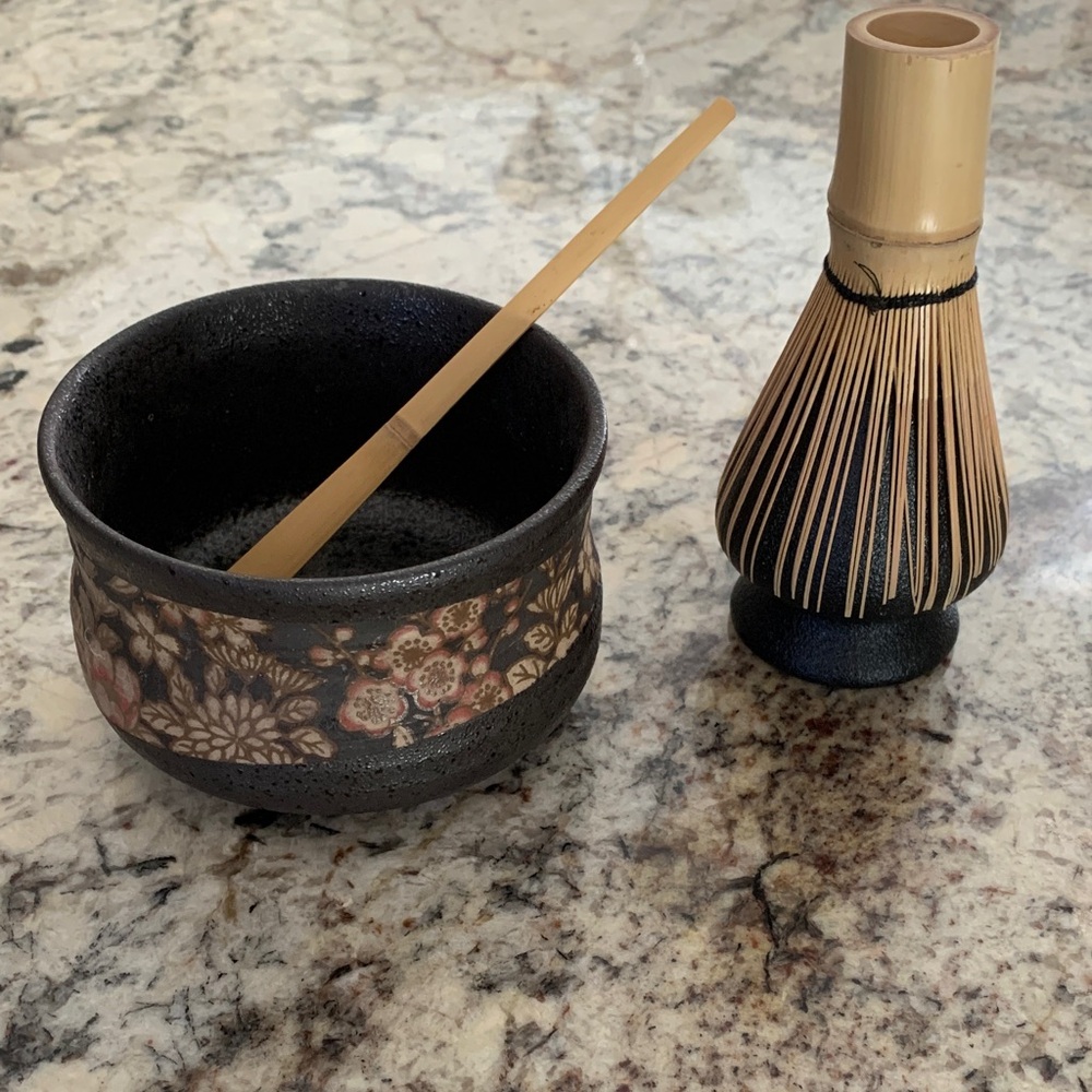 Floral Brown Ceramic Matcha Bowl Set